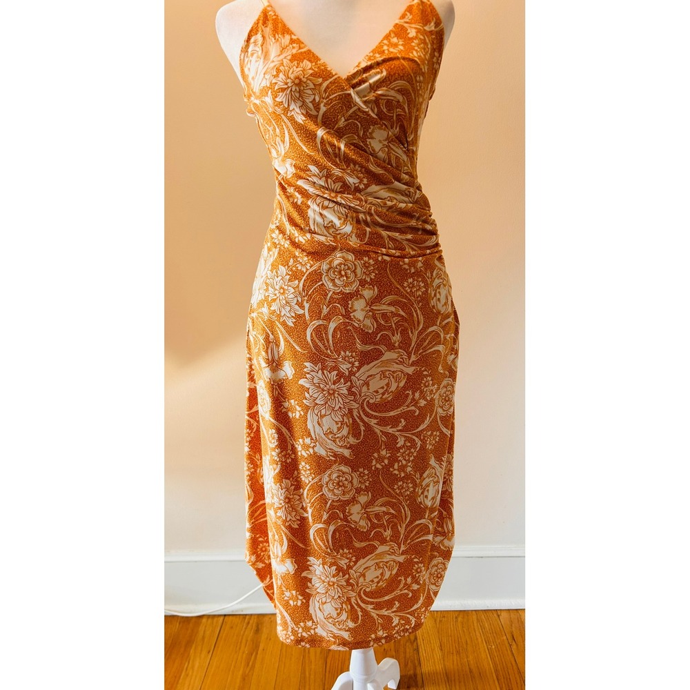 NWT Joie Orange Rust Tan Floral Ruched‎ Strappy V Neck Midi Slip Dress XS Xsmall